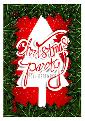 Christmas party poster template with snow and green pine branches background