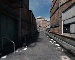 Fototapeta na wymiar Abandoned alley with old dilapidated buildings and rubbish in a back yard neighborhood. 3D rendering.