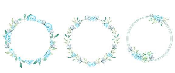 Set of watercolor patterns from blue flowers and greenery. Round floral frames