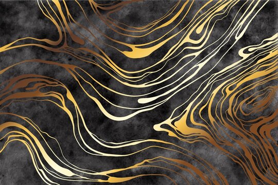 Luxury Dark Grey Watercolor And Gold Foil Texture Background. Marble, Stone Imitation.Abstract Hand Drawn Art.