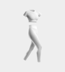 Mockup of a white cropped T-shirt, leggings, white compression suit, no body, 3D rendering, for presentation of design, print.