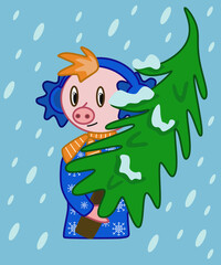piglet in headphones with a Christmas tree