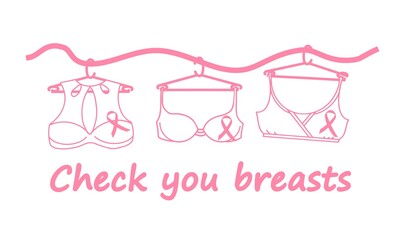 Breast Cancer Awareness Month vector banner with text Check your breasts. Breast cancer health and prevention concept. Lingerie hangs on a pink ribbon. Illustration for healthcare design. October