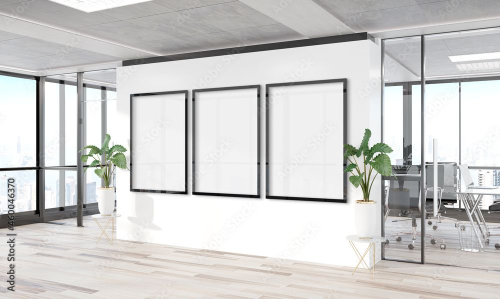 Poster three vertical frames mockup hanging on wall. mock up of billboards in modern wooden office interior