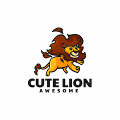 Vector Logo Illustration Cute Lion Mascot Cartoon Style.