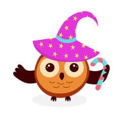 Cute owl in witch hat with candy. Happy Halloween symbol.