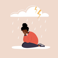 Sad african woman sitting under rainy cloud. Depressed teenager crying. Mood disorder concept. Unhappy girl needs psychological help. Vector illustration in cartoon style.