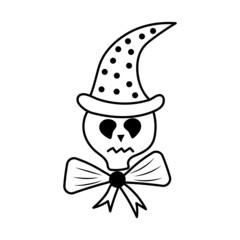 Halloween skull in a magic hat and with a bow