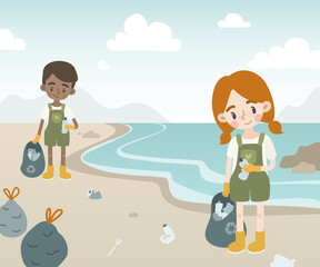 Naklejka premium Children volunteers collect garbage on the beach. Ecology kids banner. Poster about care of environment for children, schools, preschooler.