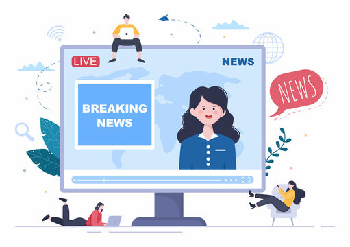 Breaking News Reporter Background Vector Illustration With Broadcaster Or Journalist On The Monitor About Information Incident, Activities, Weather And Announcements