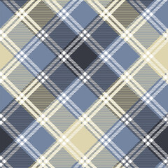 Seamless plaid check pattern in blue, beige yellow, white and gray.