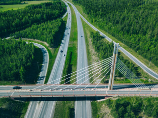 Aerial view of bridge over highway road in Finland.