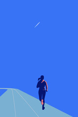 A woman runs through the stadium during the day. There is a trace of an airplane in the sky. Vector illustration. 
