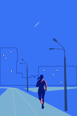A woman runs through the stadium in the evening. There is a trace of an airplane in the sky. Vector illustration. 
