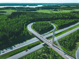 Fototapeta na wymiar Aerial view of bridge over highway road in Finland.