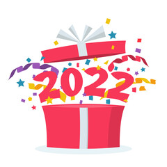 Happy New Year 2022. Open gift with serpentine confetti and flying numbers 2022. Vector illustration cartoon design. Template for congratulations, celebration events for web and print. Prize icon.