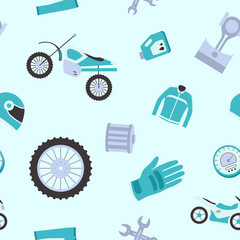 Moto - Vector color background (seamless pattern) of motorcycle, engine, wheel, helmet and other parts and accessories symbols for graphic design