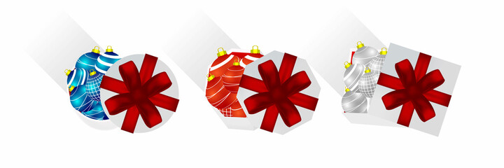 Christmas balls. Set of Christmas glass balls in paper holiday boxes on white background. Festive balloons in a packing box. Vector illustration