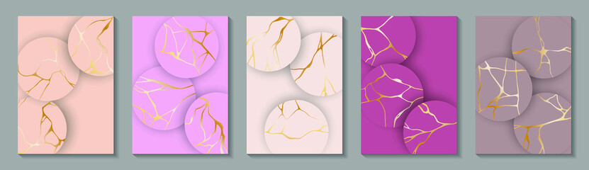 Valentine cards cold kintsugi vector patterns set. Japanese art of repairing broken pottery. Valentine's Day card backgrounds collection with broken line cracks. Gold patterns kintsugi restoration.