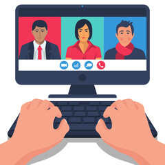 A group of multinational young people communicates through video calls. Videoconference concept. Online chat. Vector illustration flat design. Video call brainstorming.