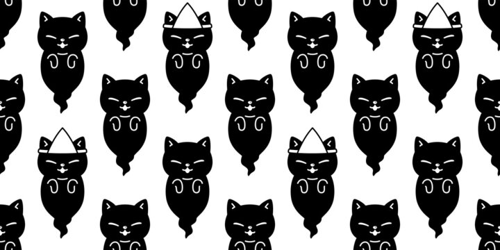 cat seamless pattern Halloween spooky ghost japan kitten cartoon character vector pet repeat wallpaper tile background gift wrapping paper scarf isolated illustration doodle design