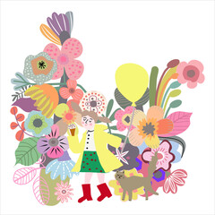 cute style illustration a girl in a flower garden