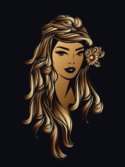 Beauty salon logo.Beautiful woman portrait.Flower hairstyle icon.Spa, aesthetics, beautician, hair studio business.Modern, elegant, luxury, glamour style.Face makeup.Cute blond female head.
