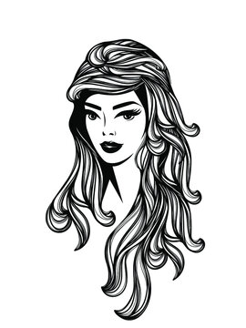 Beauty salon logo.Beautiful woman portrait.Long, wavy, curly hairstyle icon.Spa, aesthetics, beautician, hair studio business.Modern, elegant, luxury, glamour style.Young lady face makeup.