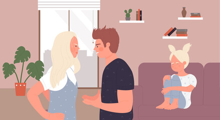 Child, divorce conflict of angry parents vector illustration. Cartoon husband and wife characters quarrel and fight, unhappy sad kid girl crying, domestic abuse, family violence at home background