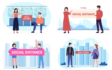 Social distance prevention, people keep safe distancing during coronavirus pandemic quarantine set vector illustration. Cartoon woman man characters wearing masks prevent virus isolated on white