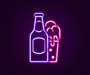 Glowing neon line Beer bottle and glass icon isolated on black background. Alcohol Drink symbol. Colorful outline concept. Vector