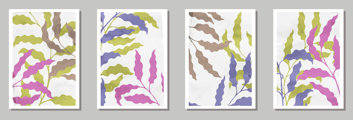 Fototapeta na wymiar Floral interior posters set. Spring branches with leaves. Willow tree