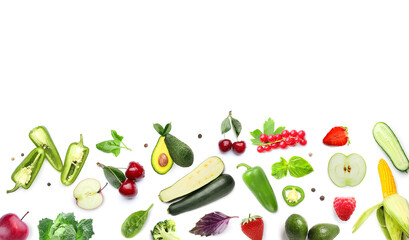 Set of fresh vegetables and fruits on white background