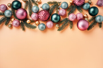 Corofull and shiny Christmas baubles and fur-tree branches on retro background with copy space. Celebration concept for postcards. Top view