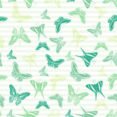 Flying butterfly silhouettes over striped background vector seamless pattern.