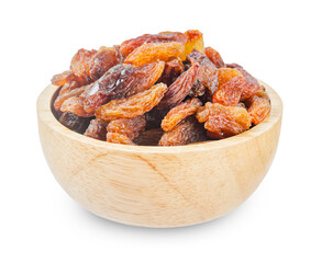 Golden dried raisins in wooden bowl isolated on white background.