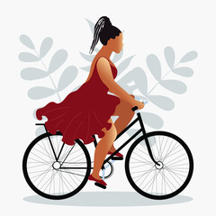 An attractive woman in a dress fluttering in the wind rides a bicycle. Happy and healthy body concept. The girl goes in for sports and mental health. Vector.
