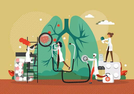 Doctors inspecting patient lungs, vector illustration. Respiratory disease diagnosis, treatment. Pulmonary diagnostic.
