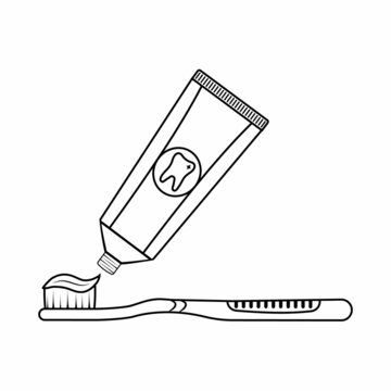 Toothbrush and toothpaste, black outline, vector isolated illustration on white background, doodle