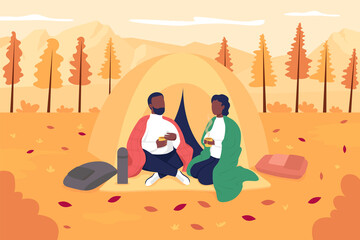 Couple camping in autumn flat color vector illustration. Recreational activity in november. Autumn hiking. Happy boyfriend and girlfriend 2D cartoon characters with landscape on background