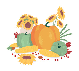 Autumnal harvest semi flat color vector objects. Ripe pumpkins and apples. Decorative items on white. Fall crop isolated modern cartoon style illustration for graphic design and animation