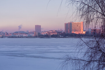 Frozen Lake Kaban in Kazan at sunset in winter