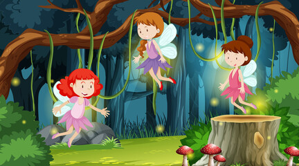 Fantasy forest scene with fairy tales cartoon character