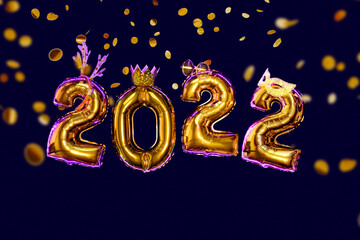 New year number 2022 of golden balloons in masquerade masks