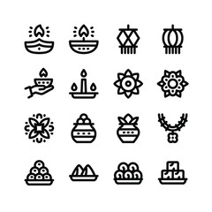 Simple Set of Diwali Related Vector Line Icons. Contains Icons as Diya Lamp, Lantern, Candle and more.
