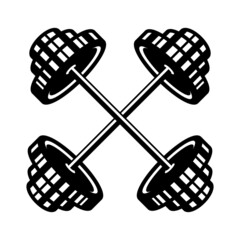 Illustration of crossed barbells in vintage monochrome style. Design element for logo, label, sign, emblem, poster. Vector illustration