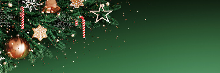 Fir tree with Christmas decorations on green background 3D Rendering, 3D Illustration