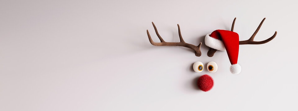 Reindeer with red nose and Santa hat on white background 3D Rendering, 3D Illustration