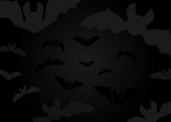 Black Halloween night background with flying bats. Minimalist black vector design for party invitation, card, shop banner or flyer.