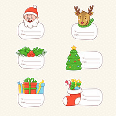 Christmas labels with winter holiday symbols: presents, pine tree, holly branches, festive sock, santa and deer. Gift tags for new year decoration - 460053582